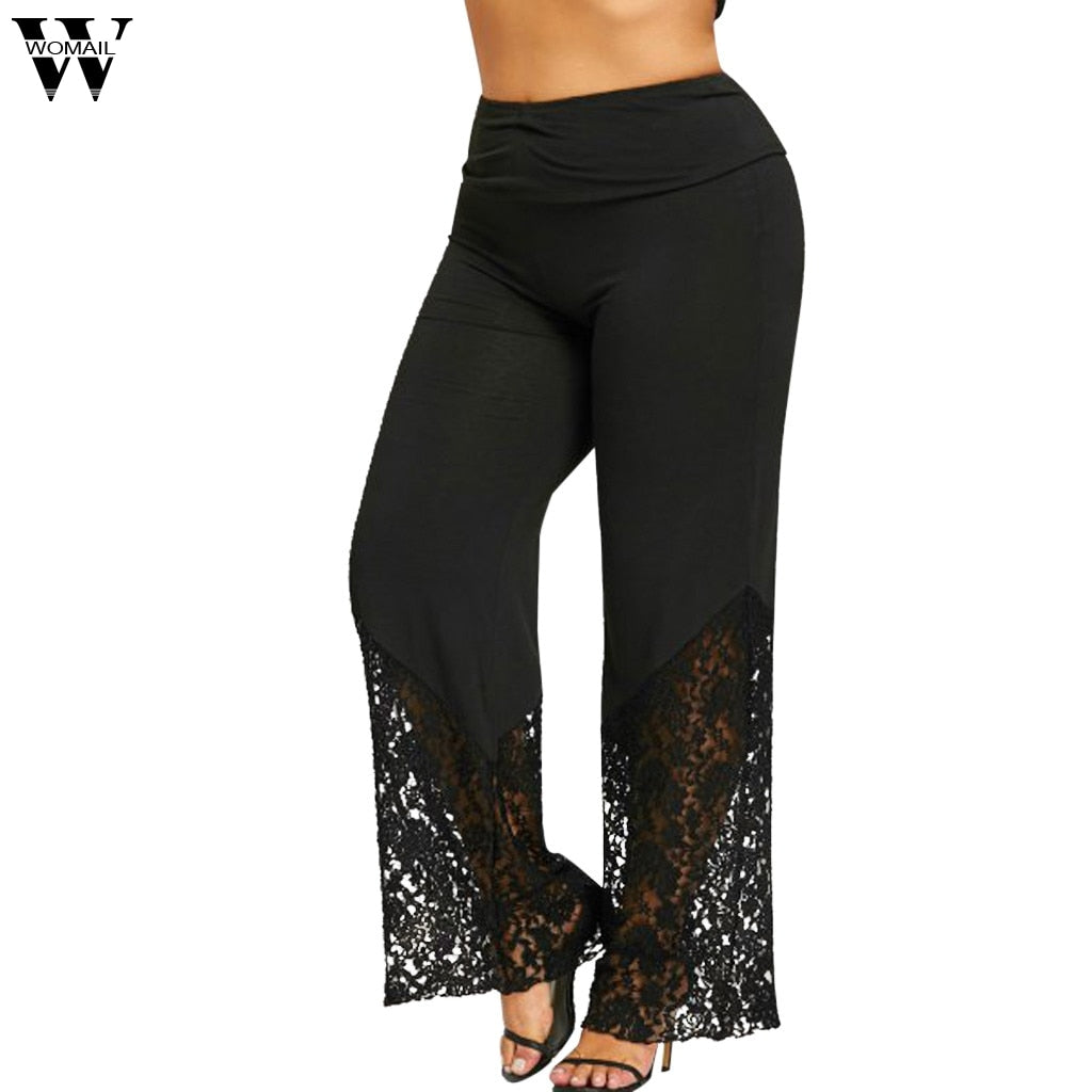 Womail Plus Size Pants Women's  Casual Fashion Lace Loose Wide Leg Leggings Black Solid Long Pants For Ladies Dropship May27