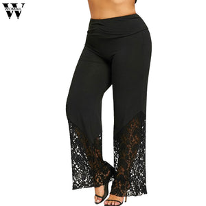 Womail Plus Size Pants Women's  Casual Fashion Lace Loose Wide Leg Leggings Black Solid Long Pants For Ladies Dropship May27