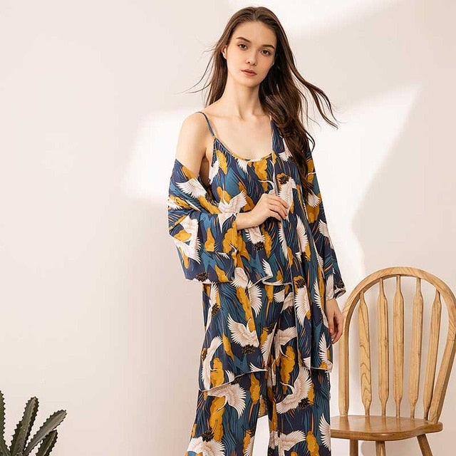 2020 Spring & Autumn Cartoon Sunflower Printed Women Sleepwear Light Blue Cotton Satin Pajamas Set Ladies Loose Thin Homewear