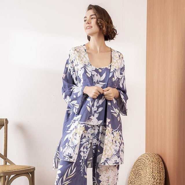 2020 Spring & Autumn Cartoon Sunflower Printed Women Sleepwear Light Blue Cotton Satin Pajamas Set Ladies Loose Thin Homewear