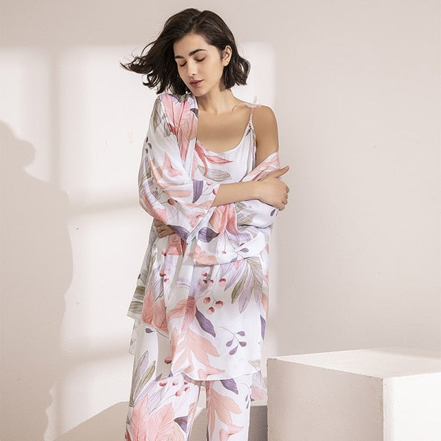 2020 Spring & Autumn Cartoon Sunflower Printed Women Sleepwear Light Blue Cotton Satin Pajamas Set Ladies Loose Thin Homewear