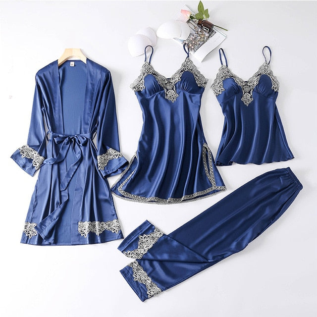 4PCS Satin Sleepwear Lady Pajamas Suit Nighty&Robe Suit Sexy Intimate Lingerie Casual Bridal Wedding Gift Homewear Nightgown