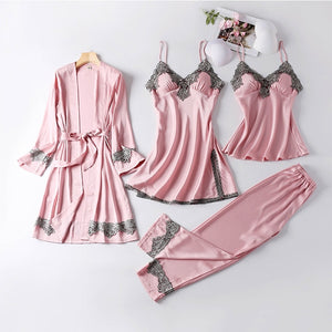 4PCS Satin Sleepwear Lady Pajamas Suit Nighty&Robe Suit Sexy Intimate Lingerie Casual Bridal Wedding Gift Homewear Nightgown