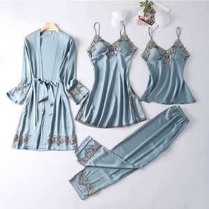 4PCS Satin Sleepwear Lady Pajamas Suit Nighty&Robe Suit Sexy Intimate Lingerie Casual Bridal Wedding Gift Homewear Nightgown