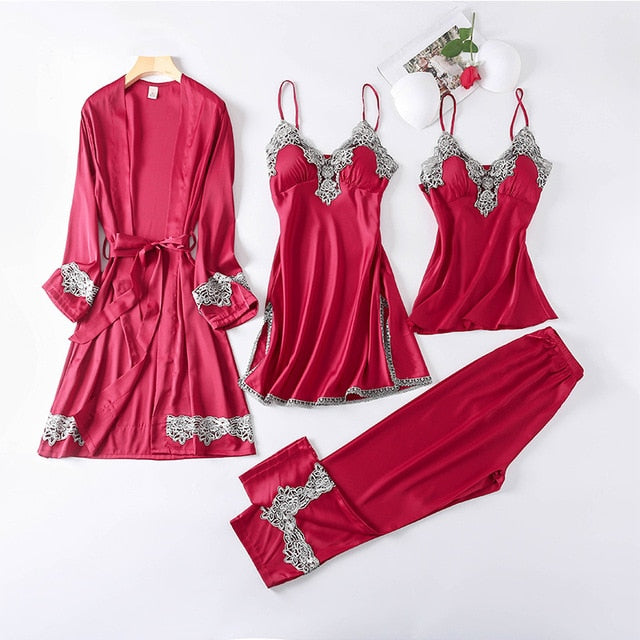 4PCS Satin Sleepwear Lady Pajamas Suit Nighty&Robe Suit Sexy Intimate Lingerie Casual Bridal Wedding Gift Homewear Nightgown