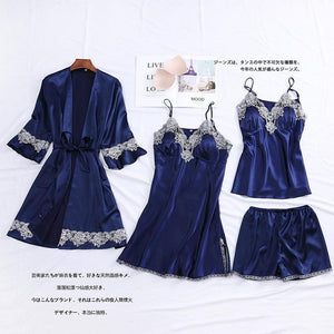 4PCS Satin Sleepwear Lady Pajamas Suit Nighty&Robe Suit Sexy Intimate Lingerie Casual Bridal Wedding Gift Homewear Nightgown