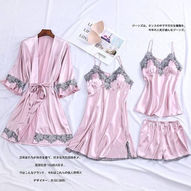 4PCS Satin Sleepwear Lady Pajamas Suit Nighty&Robe Suit Sexy Intimate Lingerie Casual Bridal Wedding Gift Homewear Nightgown