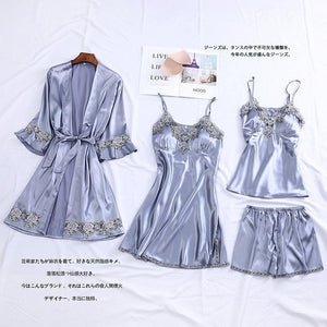 4PCS Satin Sleepwear Lady Pajamas Suit Nighty&Robe Suit Sexy Intimate Lingerie Casual Bridal Wedding Gift Homewear Nightgown