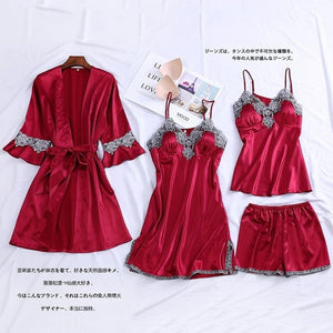 4PCS Satin Sleepwear Lady Pajamas Suit Nighty&Robe Suit Sexy Intimate Lingerie Casual Bridal Wedding Gift Homewear Nightgown