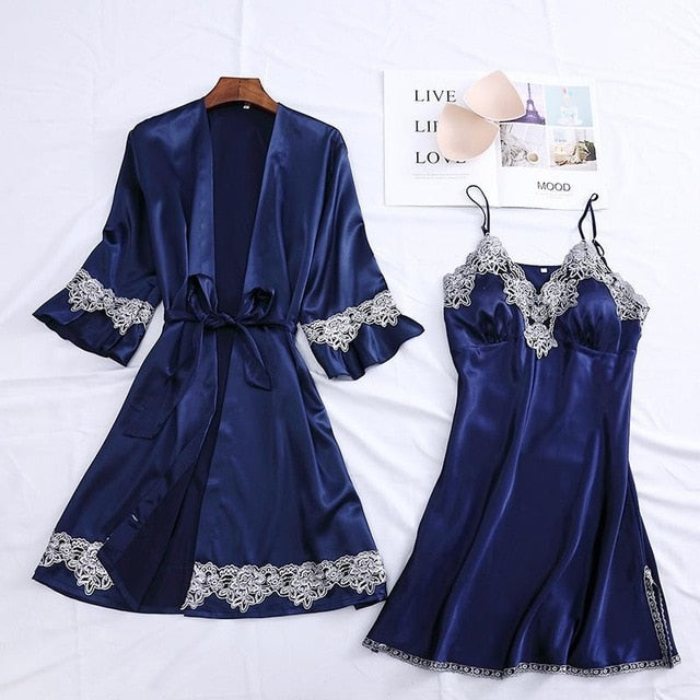 4PCS Satin Sleepwear Lady Pajamas Suit Nighty&Robe Suit Sexy Intimate Lingerie Casual Bridal Wedding Gift Homewear Nightgown