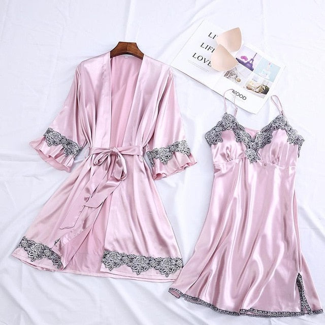 4PCS Satin Sleepwear Lady Pajamas Suit Nighty&Robe Suit Sexy Intimate Lingerie Casual Bridal Wedding Gift Homewear Nightgown