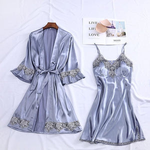 4PCS Satin Sleepwear Lady Pajamas Suit Nighty&Robe Suit Sexy Intimate Lingerie Casual Bridal Wedding Gift Homewear Nightgown