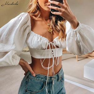 Macheda French Romance White Crop Tops Women Autumn Sexy  Hollow Out Long Sleeve V Neck Top Ladies Casual Solid Top 2019 New