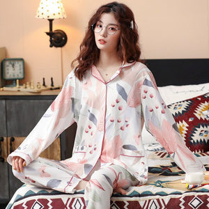 BZEL New Autumn Winter Sleepwear 2 Piece Sets For Women's Cotton Pajamas Turn-down Collar Homewear Large Size Pijama Pyjama XXXL