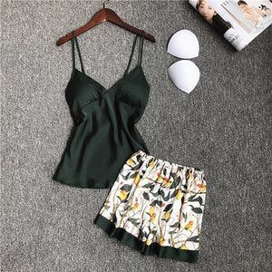 2020 Spring Autumn Women Silk Pajamas Sets With Chest Pads Flower Print Pijama Sleepwear 4 Pieces Spaghetti Strap Satin Pyjamas