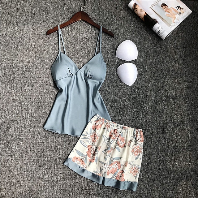 2020 Spring Autumn Women Silk Pajamas Sets With Chest Pads Flower Print Pijama Sleepwear 4 Pieces Spaghetti Strap Satin Pyjamas