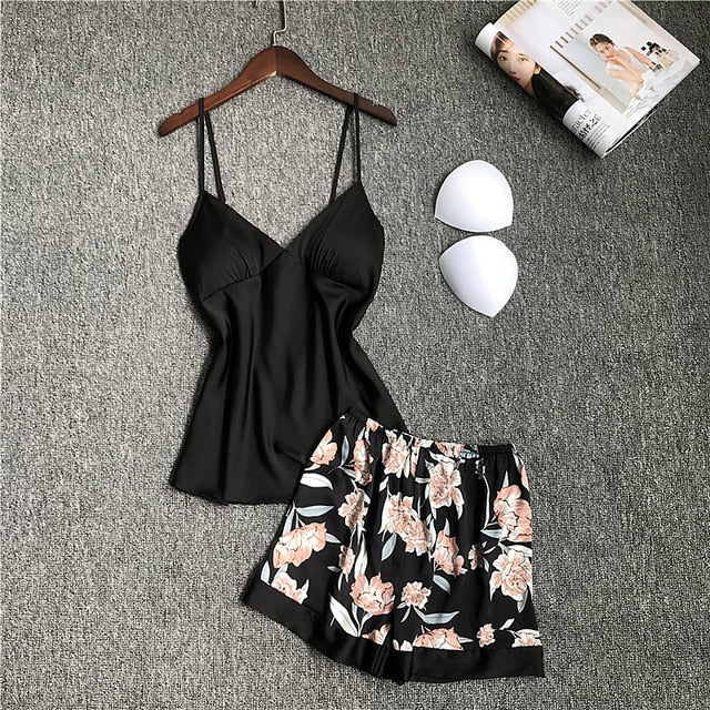 2020 Spring Autumn Women Silk Pajamas Sets With Chest Pads Flower Print Pijama Sleepwear 4 Pieces Spaghetti Strap Satin Pyjamas