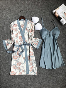 2020 Spring Autumn Women Silk Pajamas Sets With Chest Pads Flower Print Pijama Sleepwear 4 Pieces Spaghetti Strap Satin Pyjamas