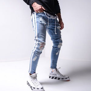 Ripped Pencil Pants Men Skinny Denim Biker Side Striped Jeans Destroyed Hole Hip Hop Slim Fit Man Scratched Jean Hombre Pantalon