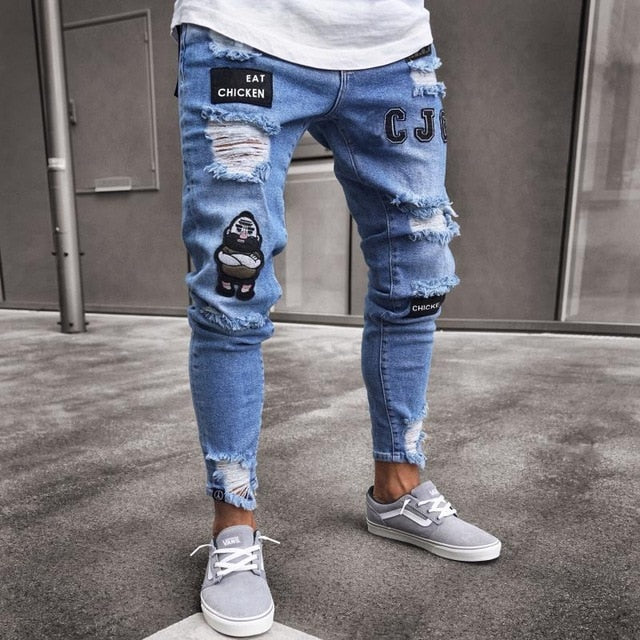 Ripped Pencil Pants Men Skinny Denim Biker Side Striped Jeans Destroyed Hole Hip Hop Slim Fit Man Scratched Jean Hombre Pantalon