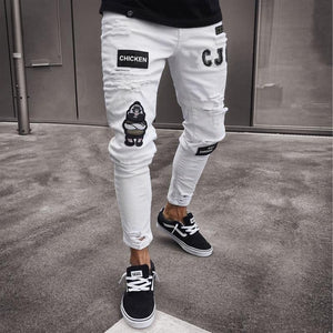 Ripped Pencil Pants Men Skinny Denim Biker Side Striped Jeans Destroyed Hole Hip Hop Slim Fit Man Scratched Jean Hombre Pantalon