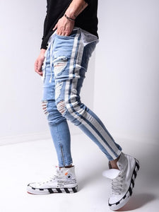 Ripped Pencil Pants Men Skinny Denim Biker Side Striped Jeans Destroyed Hole Hip Hop Slim Fit Man Scratched Jean Hombre Pantalon