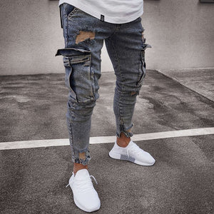 Ripped Pencil Pants Men Skinny Denim Biker Side Striped Jeans Destroyed Hole Hip Hop Slim Fit Man Scratched Jean Hombre Pantalon