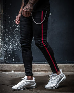 Ripped Pencil Pants Men Skinny Denim Biker Side Striped Jeans Destroyed Hole Hip Hop Slim Fit Man Scratched Jean Hombre Pantalon