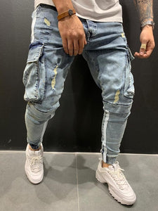 Ripped Pencil Pants Men Skinny Denim Biker Side Striped Jeans Destroyed Hole Hip Hop Slim Fit Man Scratched Jean Hombre Pantalon