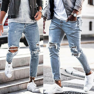 Ripped Pencil Pants Men Skinny Denim Biker Side Striped Jeans Destroyed Hole Hip Hop Slim Fit Man Scratched Jean Hombre Pantalon