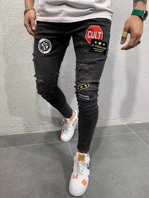 Ripped Pencil Pants Men Skinny Denim Biker Side Striped Jeans Destroyed Hole Hip Hop Slim Fit Man Scratched Jean Hombre Pantalon