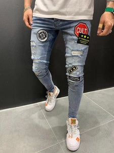 Ripped Pencil Pants Men Skinny Denim Biker Side Striped Jeans Destroyed Hole Hip Hop Slim Fit Man Scratched Jean Hombre Pantalon