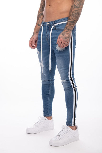 Ripped Pencil Pants Men Skinny Denim Biker Side Striped Jeans Destroyed Hole Hip Hop Slim Fit Man Scratched Jean Hombre Pantalon