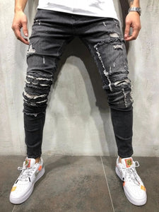 Ripped Pencil Pants Men Skinny Denim Biker Side Striped Jeans Destroyed Hole Hip Hop Slim Fit Man Scratched Jean Hombre Pantalon