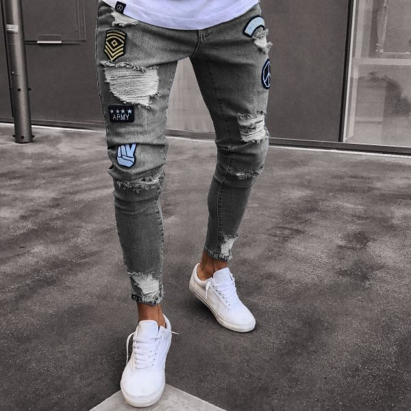 Ripped Pencil Pants Men Skinny Denim Biker Side Striped Jeans Destroyed Hole Hip Hop Slim Fit Man Scratched Jean Hombre Pantalon