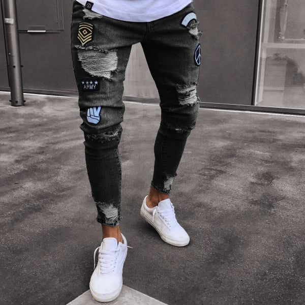 Ripped Pencil Pants Men Skinny Denim Biker Side Striped Jeans Destroyed Hole Hip Hop Slim Fit Man Scratched Jean Hombre Pantalon