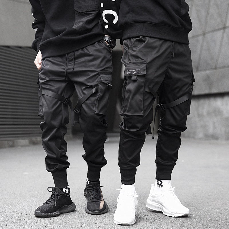 Men Cargo Pants Black Ribbons Block Multi-Pocket 2020 Harem Joggers Harajuku Sweatpant Hip Hop Casual Male Trousers