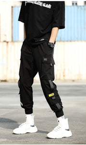 Men Cargo Pants Black Ribbons Block Multi-Pocket 2020 Harem Joggers Harajuku Sweatpant Hip Hop Casual Male Trousers