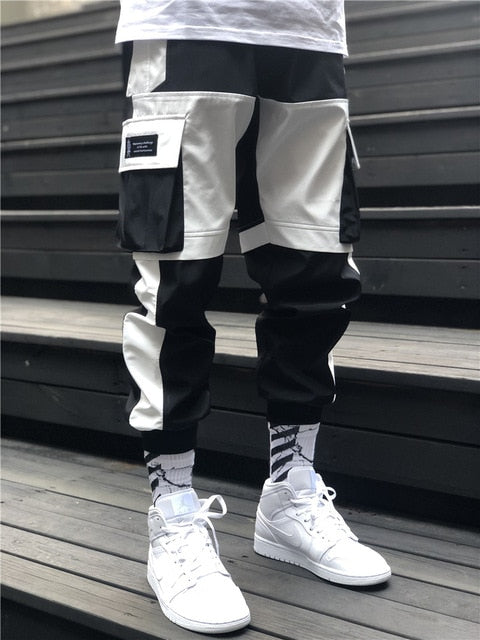 Men Cargo Pants Black Ribbons Block Multi-Pocket 2020 Harem Joggers Harajuku Sweatpant Hip Hop Casual Male Trousers