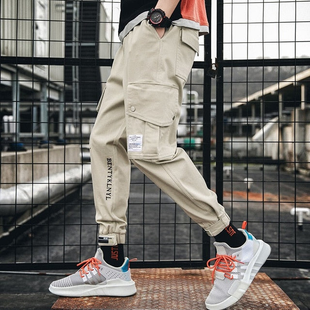 Men Cargo Pants Black Ribbons Block Multi-Pocket 2020 Harem Joggers Harajuku Sweatpant Hip Hop Casual Male Trousers