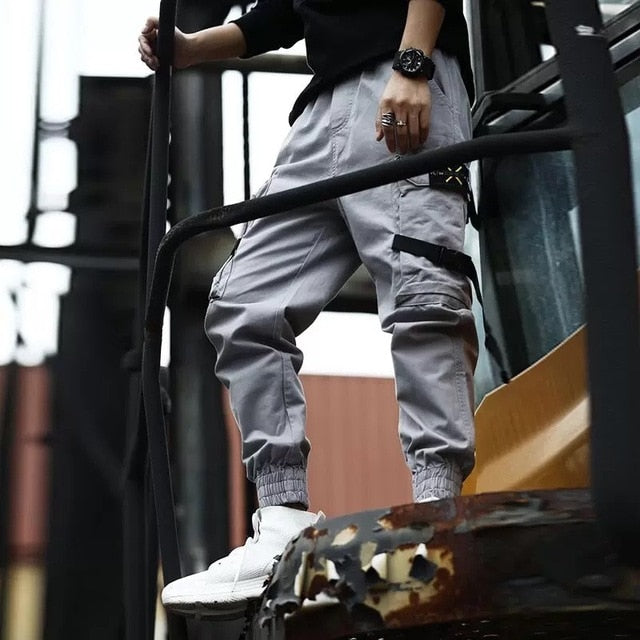 Men Cargo Pants Black Ribbons Block Multi-Pocket 2020 Harem Joggers Harajuku Sweatpant Hip Hop Casual Male Trousers