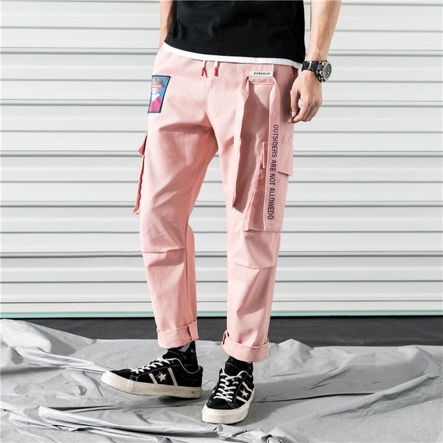 Men Cargo Pants Black Ribbons Block Multi-Pocket 2020 Harem Joggers Harajuku Sweatpant Hip Hop Casual Male Trousers