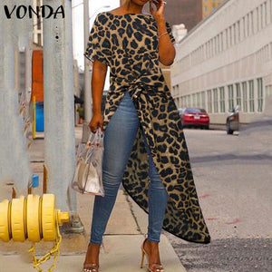 VONDA Women Asymmetrical Blouse Sexy Split Hem Striped Party Tops Long Ladies Office Shirts 2020 Summer Tunic Plus Size Blusas