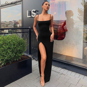 Macheda Autumn Women Spaghetti Strap Dress Autumn Sexy Split Solid Slim Lady Ankle Length Vintage Wear Dress 2019 New