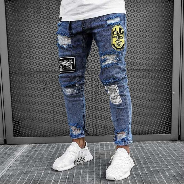 New Skinny Jeans men Streetwear Destroyed Ripped Jeans Homme Hip Hop Broken modis male Pencil Biker Embroidery Patch Pants