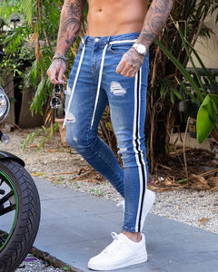 New Skinny Jeans men Streetwear Destroyed Ripped Jeans Homme Hip Hop Broken modis male Pencil Biker Embroidery Patch Pants