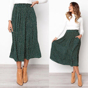 White Dots Floral Print Pleated Midi Skirt Women Elastic High Waist Side Pockets Skirts Summer 2019 Elegant Female Bottom