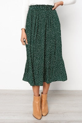 White Dots Floral Print Pleated Midi Skirt Women Elastic High Waist Side Pockets Skirts Summer 2019 Elegant Female Bottom