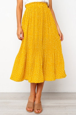 White Dots Floral Print Pleated Midi Skirt Women Elastic High Waist Side Pockets Skirts Summer 2019 Elegant Female Bottom