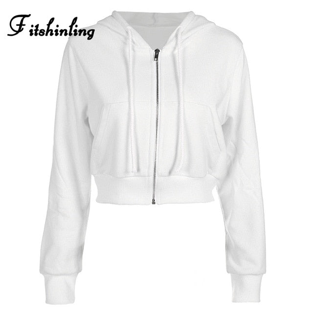 Fitshinling Zip-up autumn winter women hoodies pockets slim crop jacket female clothes drawstring white sexy hoody cotton coats